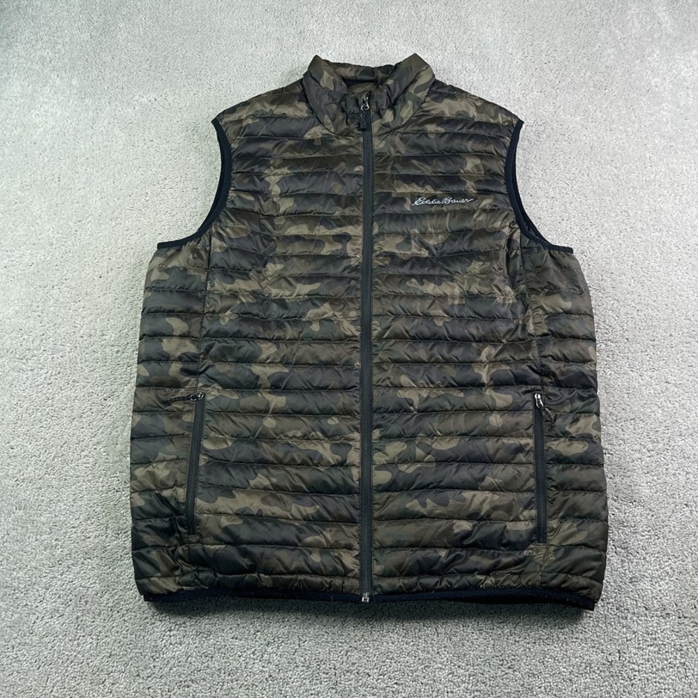 Eddie Bauer Vest Mens Large Tall Green Camo Puffer Quilted Down 650 Camouflage